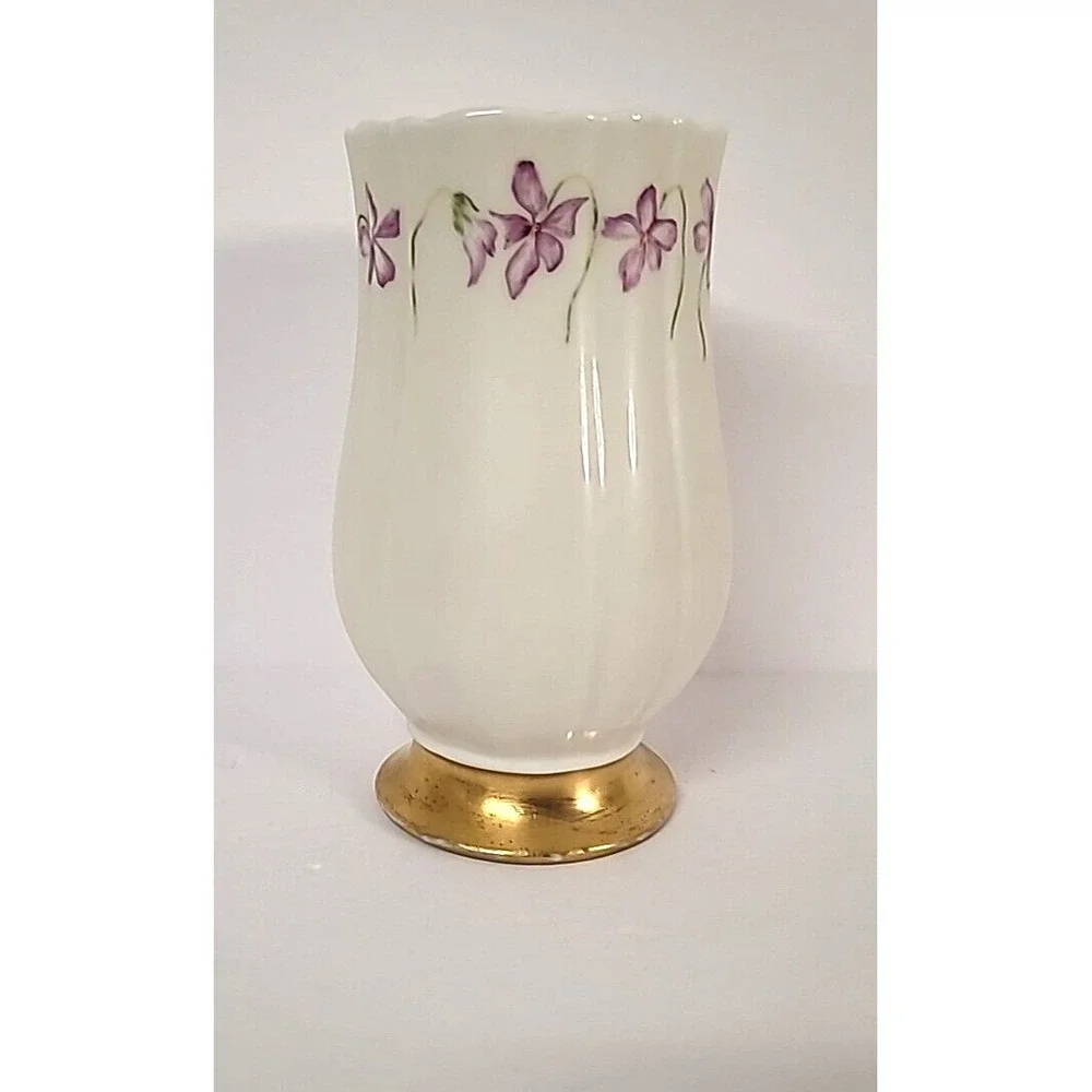 Limoges France Hand Painted Violets Vase w/Gold Gild Base & Scalloped Top Signed